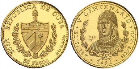 900 EUR  Cuba 1990 . 50 pesos Proof. V Centenario del Descubrimiento de América. Isabel la Católica.  Acuñación de 250 ejemplares. Rara.  ORO 999  15,55 g